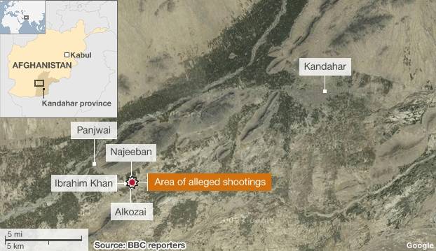 Inaccurate March 12, 2012 BBC map of Panjwai district villages, Kandahar province, Afghanistan (the village locations are reversed and the massacre area is placed more than five miles EAST of its actual location)