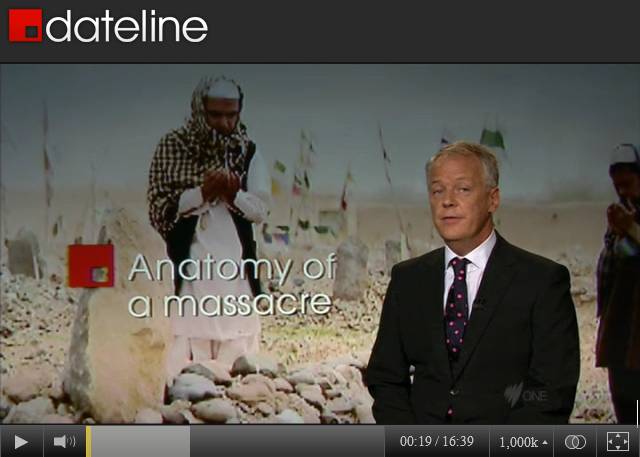 Screen capture of 3/27/2012 SBS-TV broadcast of "Anatomy of a Massacre" with Panjwai graves in the background