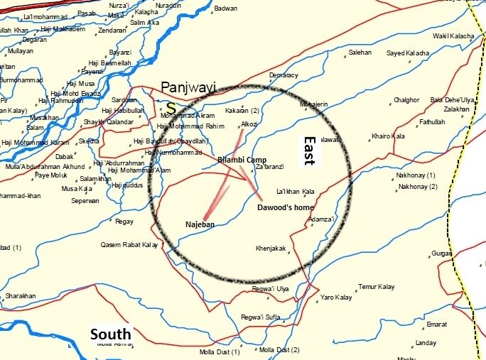 A Panjwai Massacre investigation map that, as circled, MISPLACES the location of the massacre more than 5 miles east of the actual scene and site of Camp Belamby