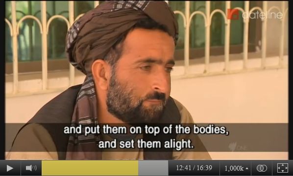Screen-captured image of Mohammad Wazir of Balandi/Najiban village speaking to SBS-TV reporter Yalda Hakim in late March, 2012 about the murder of 11 of his relatives on March 11, 2012