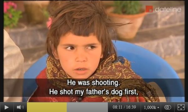 Screen-captured image of 8-year-old Noorbinak - from Panjwai district, Kandahar province, southeastern Afghanistan - describing what she witnessed the night of March 11, 2012, when her father was murdered in front of her, to Australian SBS-TV reporter Yalda Hakim