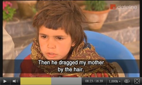 Screen-captured image of 8-year-old Noorbinak - from Panjwai district, Kandahar province, southeastern Afghanistan - describing what she witnessed the night of March 11, 2012, when her father was murdered in front of her, to Australian SBS-TV reporter Yalda Hakim
