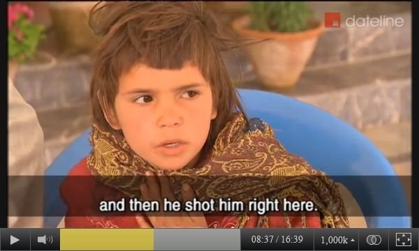 Screen-captured image of 8-year-old Noorbinak - from Panjwai district, Kandahar province, southeastern Afghanistan - describing what she witnessed the night of March 11, 2012, when her father was murdered in front of her, to Australian SBS-TV reporter Yalda Hakim