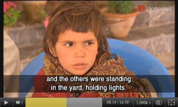 Screen-captured image of 8-year-old Noorbinak - from Panjwai district, Kandahar province, southeastern Afghanistan - describing what she witnessed the night of March 11, 2012, when her father was murdered in front of her, to Australian SBS-TV reporter Yalda Hakim